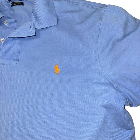 Polo Ralph Lauren Custom Fit Blue Stretch Mesh Polo Shirt XL Orange Logo - Picture 2 of 6